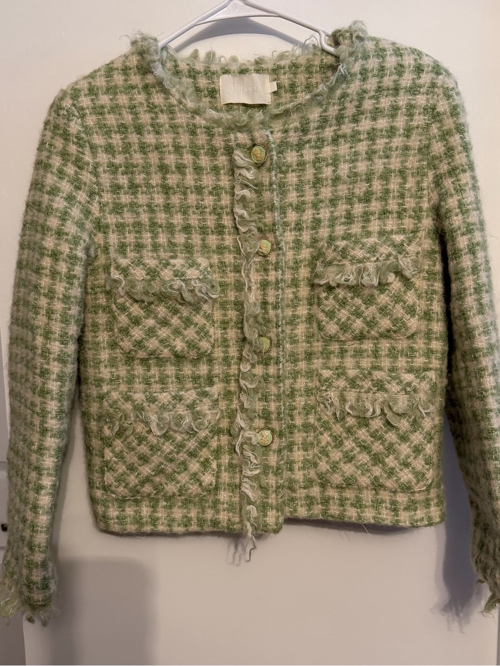 S Hope Green and Cream Tweed Frayed-Trim Cardigan Jacket Small victoiran